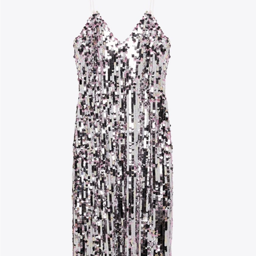Zara Silver and Light Pink Sequin Slip Dress